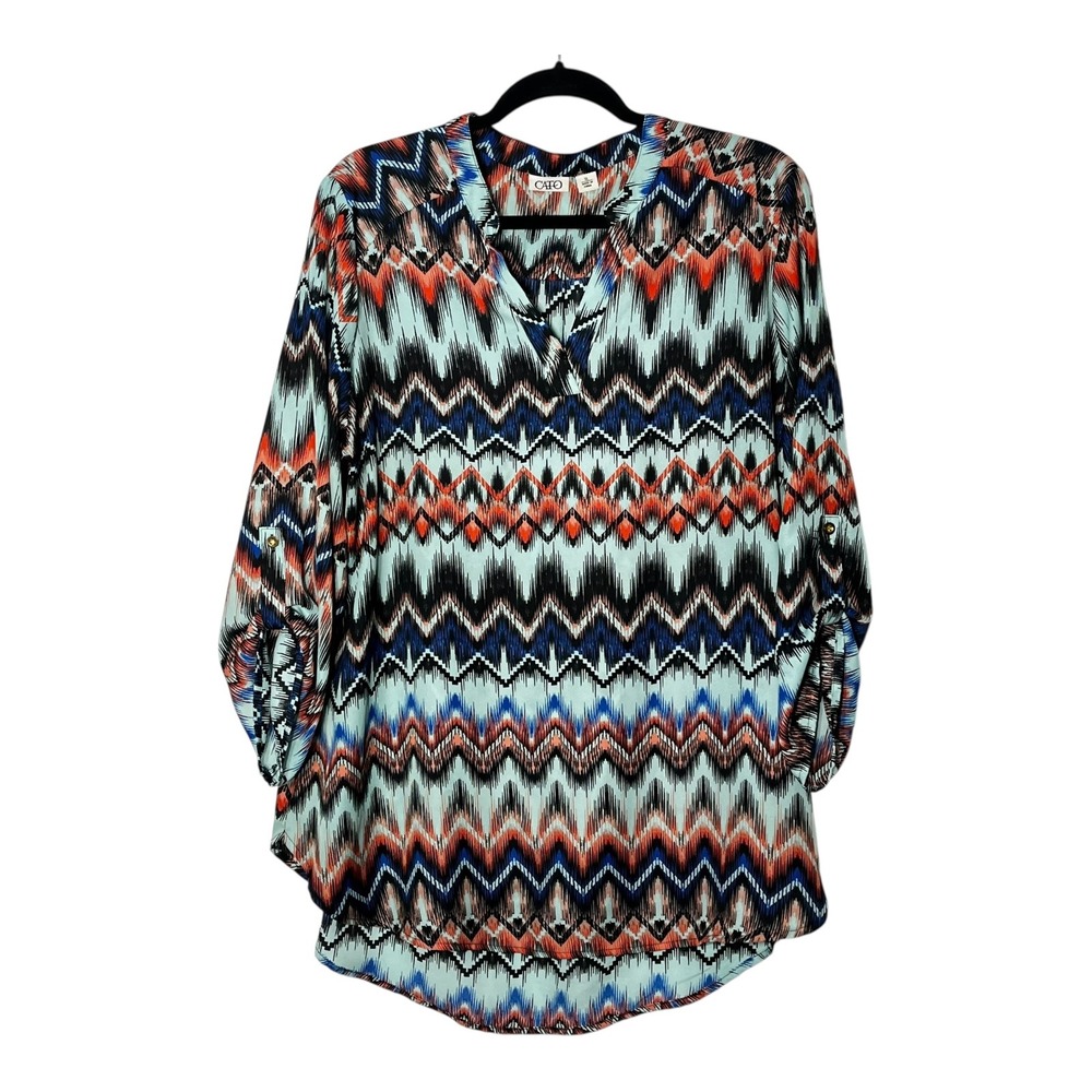 Cato Womens XL Blue Orange Geometric Chevron Roll Tab Sleeve V-Neck Blouse Top